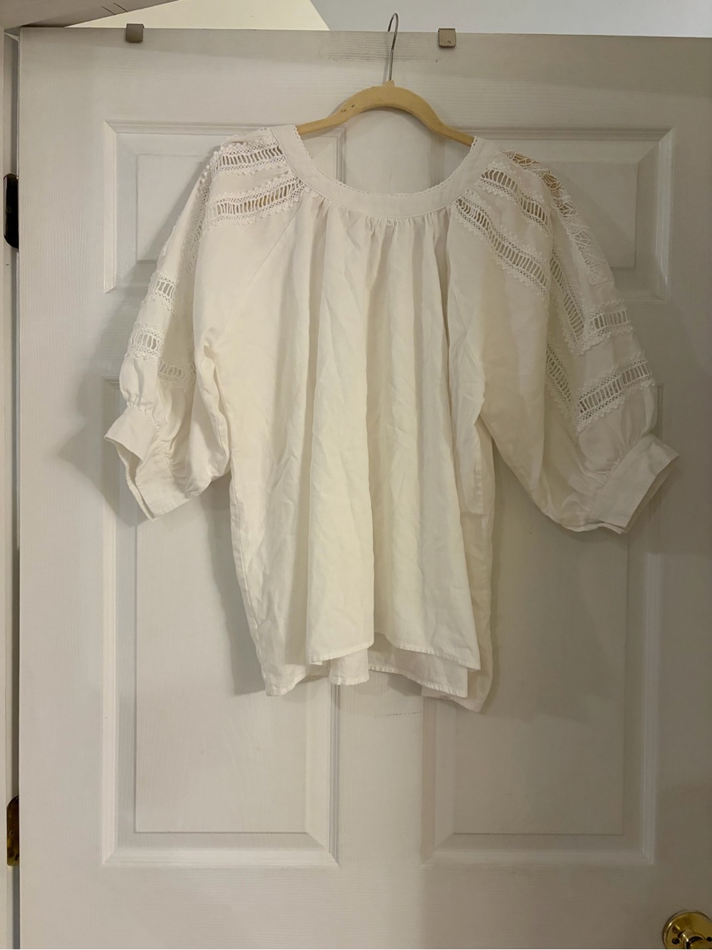 Sundance white lace accent round neck balloon sleeve blouse women small FLAW